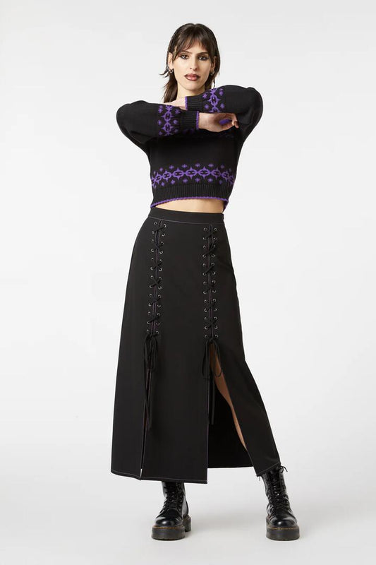 Image of a model wearing Skirts. Productname: Contrast Stitch Midi Split Skirt in Black colour by brand - Dangerfield