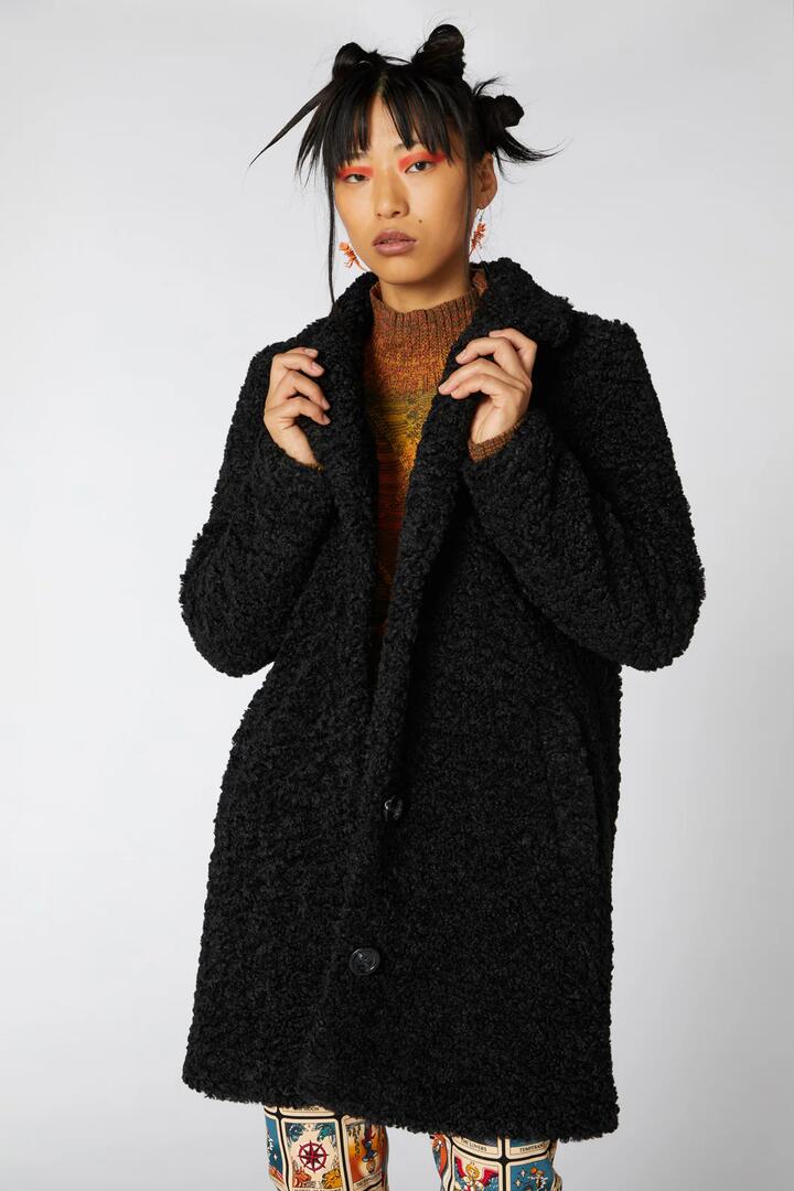 Image of a model wearing Outerwear. Productname: Titan Sherpa Fleece Coat in Black colour by brand - Dangerfield