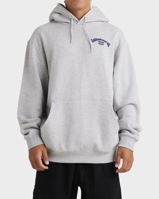 Image of a model wearing Outerwear. Product name - Billabong Mens Vintage Arch Pullover Hoodie Light Grey Heather in Light Grey Heather colour by brand - Billabong