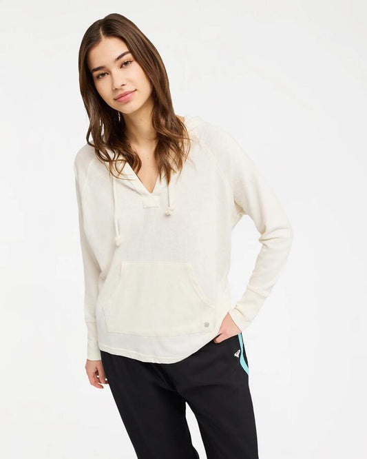 Image of a model wearing Outerwear. Product name - Roxy Womens Destination Surf Pullover Hoodie Egret in Egret colour by brand - Roxy