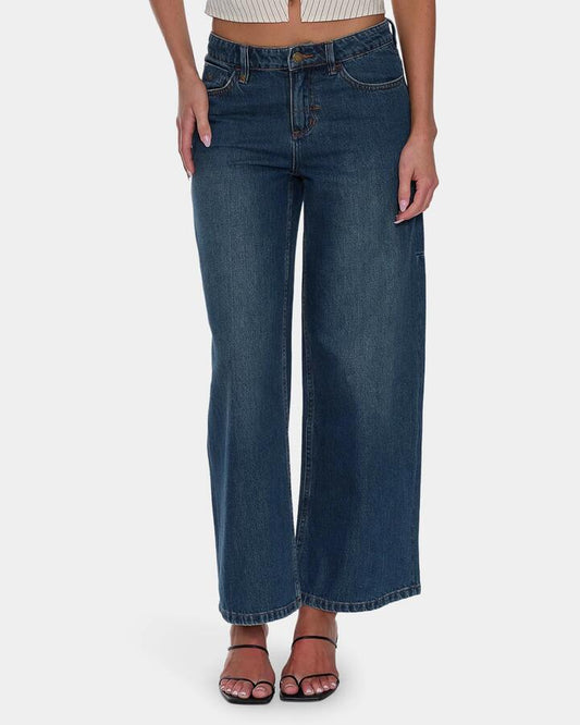 Image of Jeans. Product name - Thrills Womens Hunter Low Rise Wide Deni Jeans Teal Blue in Teal Blue colour by brand - Thrills