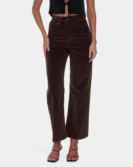 Image of a model wearing Pants. Product name - Thrills Womens Holly High Rise Stretch Wide Cord Pants Bitter Chocolate in Bitter Chocolate colour by brand - Thrills