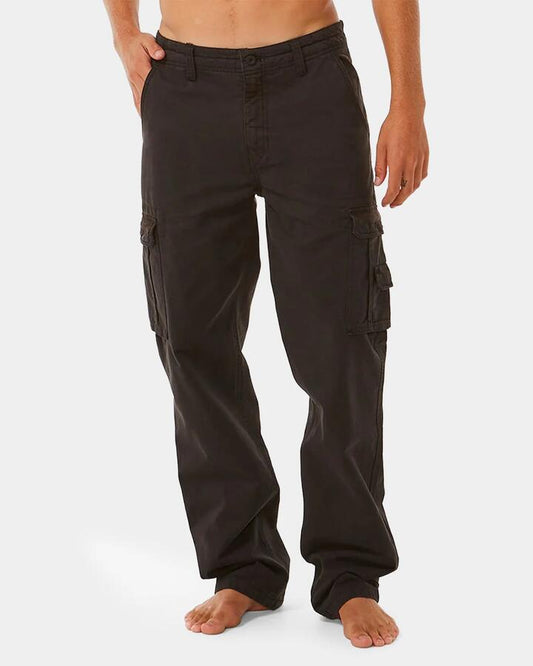 Image of a model wearing Pants. Product name - Rip Curl Mens Classic Surf Trail Cargo Pants Washed Black in Washed Black colour by brand - Rip Curl