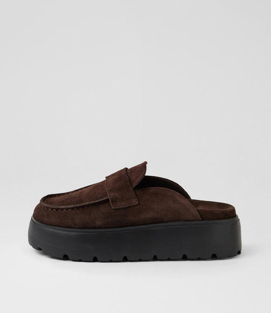Image of Sandals. Product name - Kravitz Dark Choc Black Sole Suede Mules in Dk Choc-Black Sole colour by brand - MOLLINI