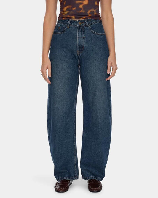 Image of Jeans. Product name - Thrills Womens Sloane High Rise Barrel Denim Jeans Teal Blue in Teal Blue colour by brand - Thrills