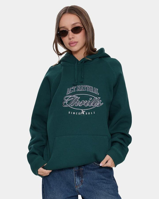 Image of a model wearing Outerwear. Product name - Thrills Womens Standard Issue Slouch Pullover Hoodie Varsity Green in Varsity Green colour by brand - Thrills