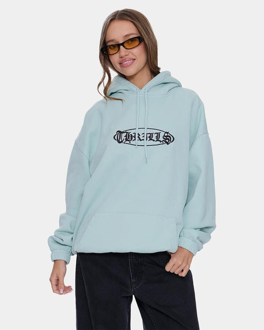 Image of a model wearing Outerwear. Product name - Thrills Womens No Mercy Slouch Pullover Hoodie Neo Mint in Neo Mint colour by brand - Thrills