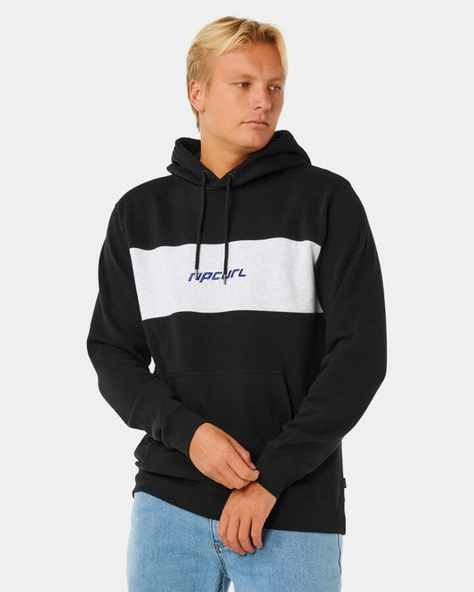 Image of a model wearing Outerwear. Product name - Rip Curl Mens Undertow Pullover Hoodie Black/White in Black/White colour by brand - Rip Curl
