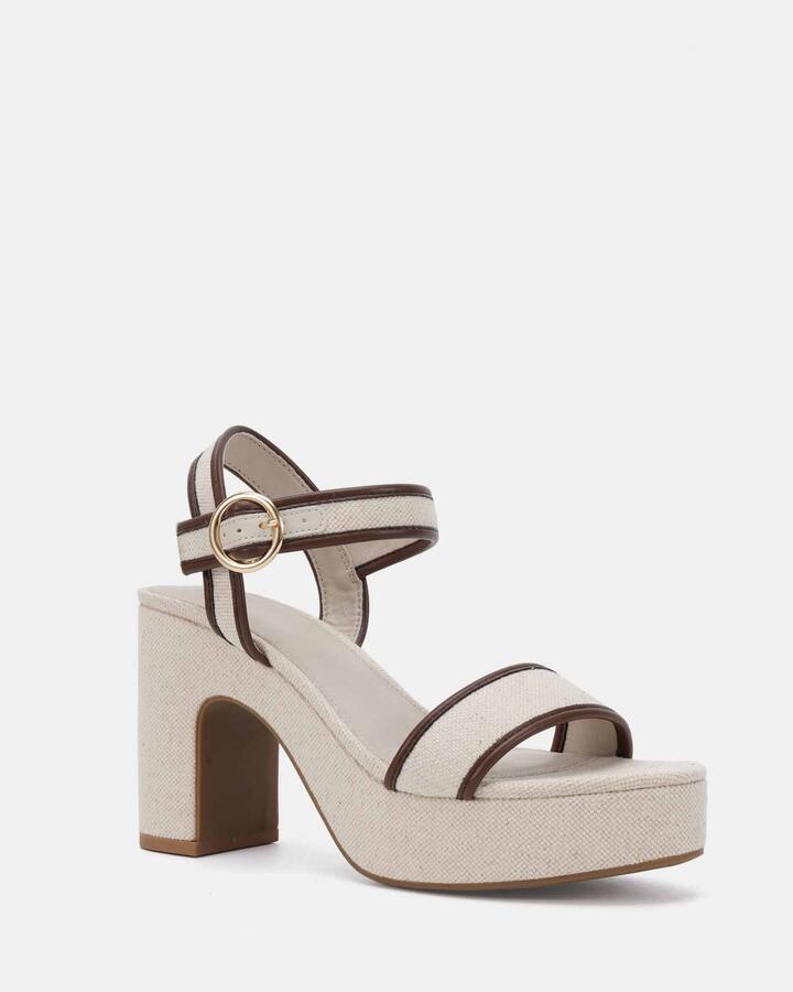 Image of Heels. Product name - Latata Linen Vegan Heels in Neutral colour by brand - Novo