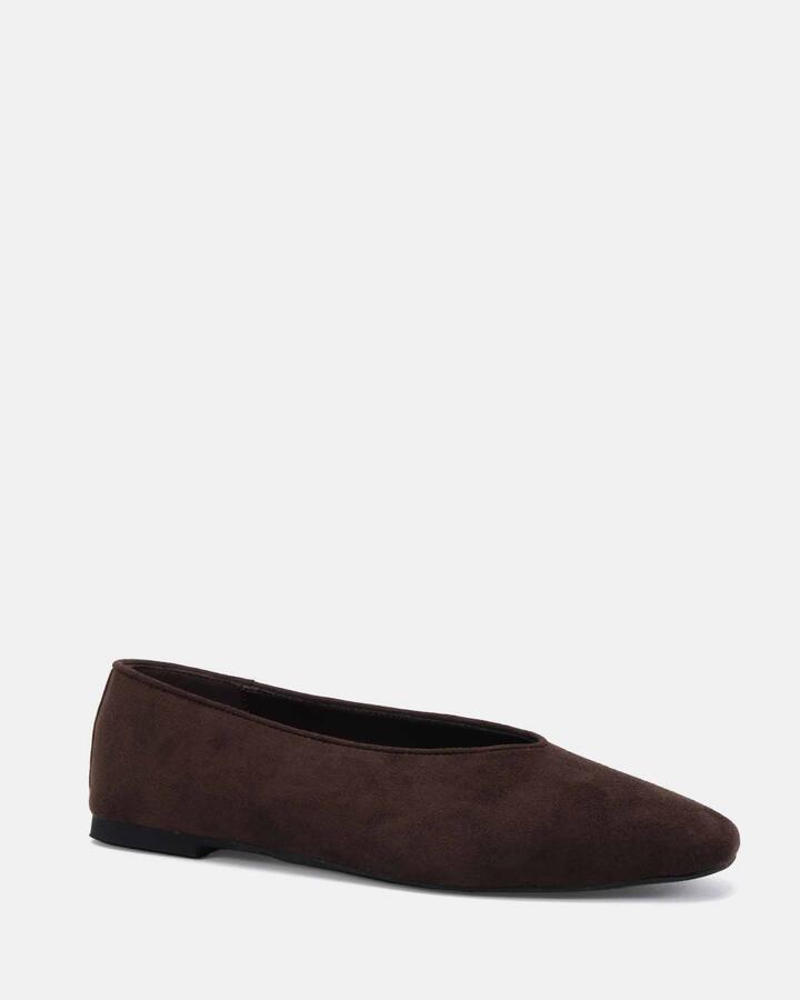 Image of Flats. Product name - Chander Espresso Suede Vegan Flats in Espresso Suede colour by brand - Novo