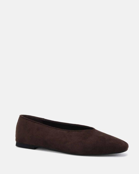 Image of Flats. Product name - Chander Espresso Suede Vegan Flats in Espresso Suede colour by brand - Novo