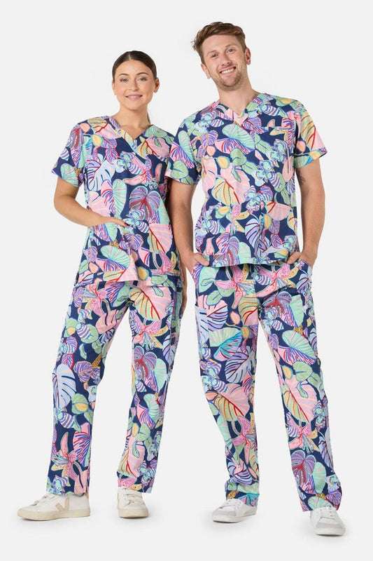 Image of a model wearing Uniforms & Workwear. Product name - Tropics Scrub Set in Multi colour by brand - Gorman