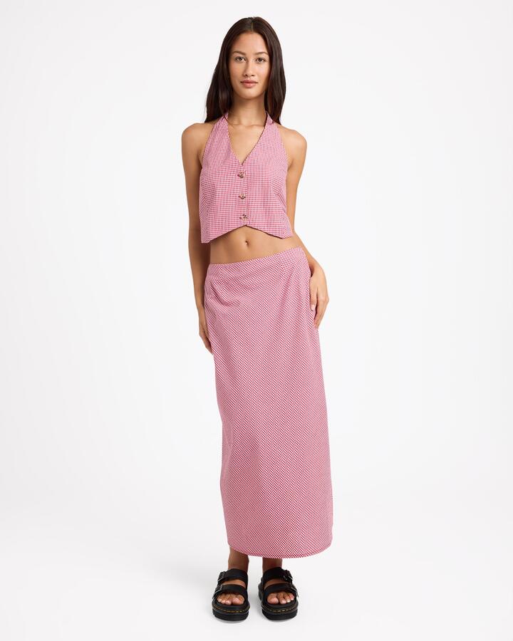 Image of a model wearing Skirts. Product name - Volcom Womens Psychonic Maxi Skirt Fiesta Red in Fiesta Red colour by brand - Volcom