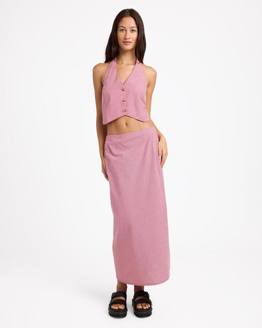 Image of a model wearing Skirts. Product name - Volcom Womens Psychonic Maxi Skirt Fiesta Red in Fiesta Red colour by brand - Volcom