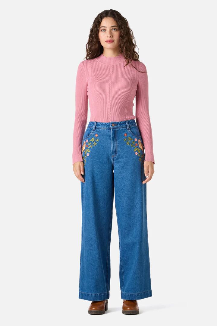 Image of Jeans. Productname: Forest Owl Embroidered Jean in Blue Denim colour by brand - Princess Highway