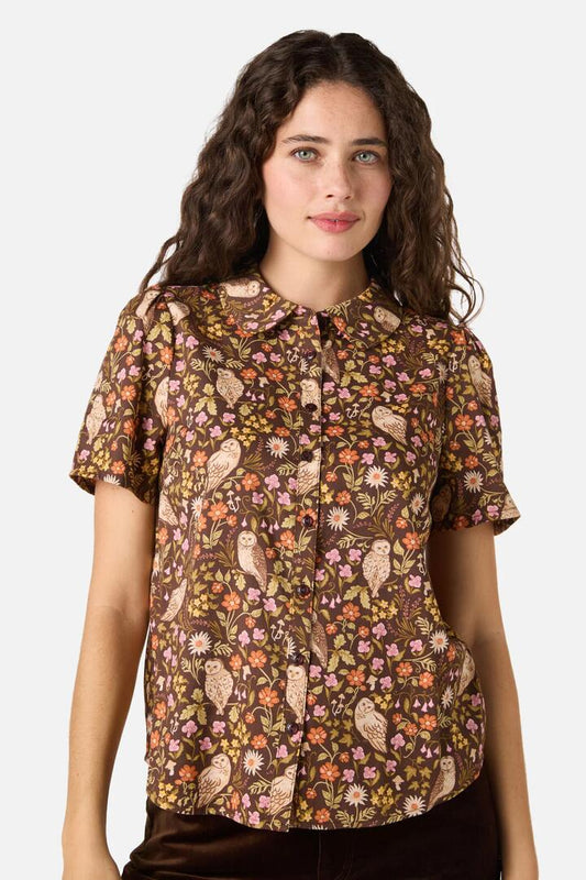 Image of a model wearing Tops. Productname: Forest Owl Short Sleeve Blouse in Chocolate colour by brand - Princess Highway