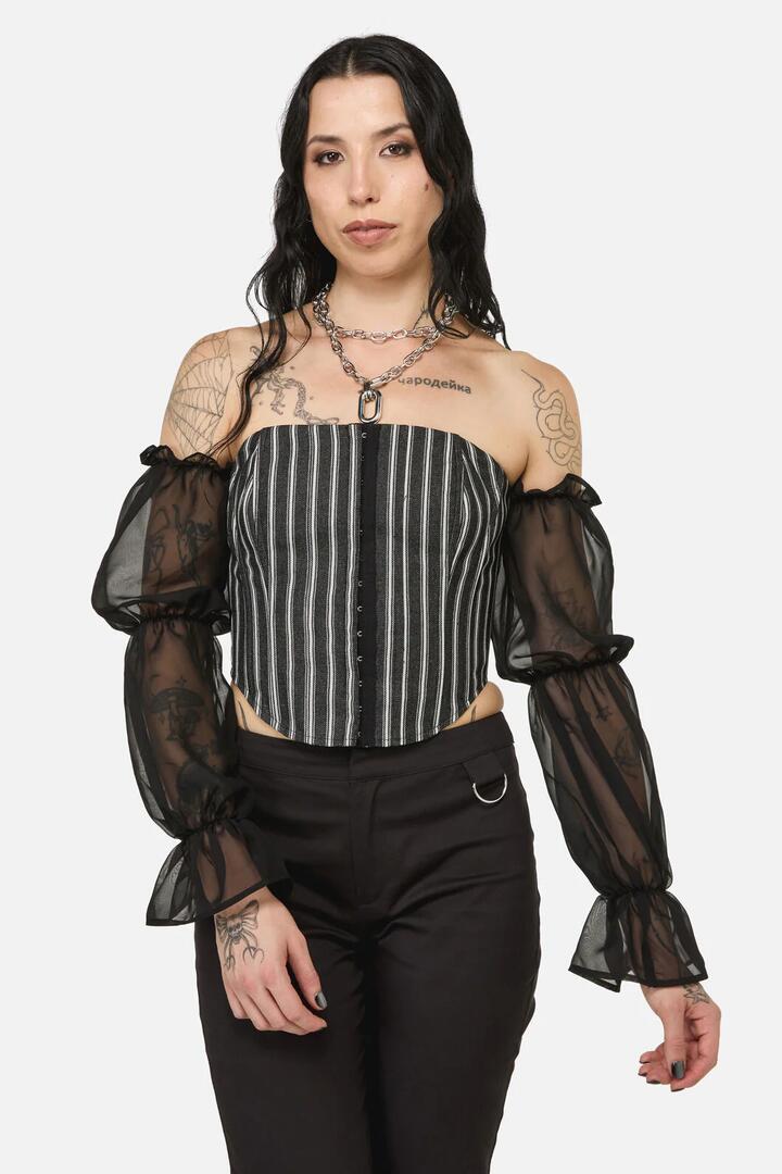 Image of a model wearing Tops. Productname: Link Pin Stripe Top in Black colour by brand - Black Friday