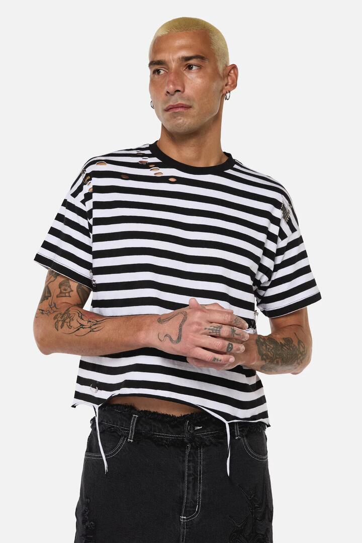 Image of T-Shirts. Productname: Sigil Goth Stripe Distressed Tee in Black/White colour by brand - Dangerfield