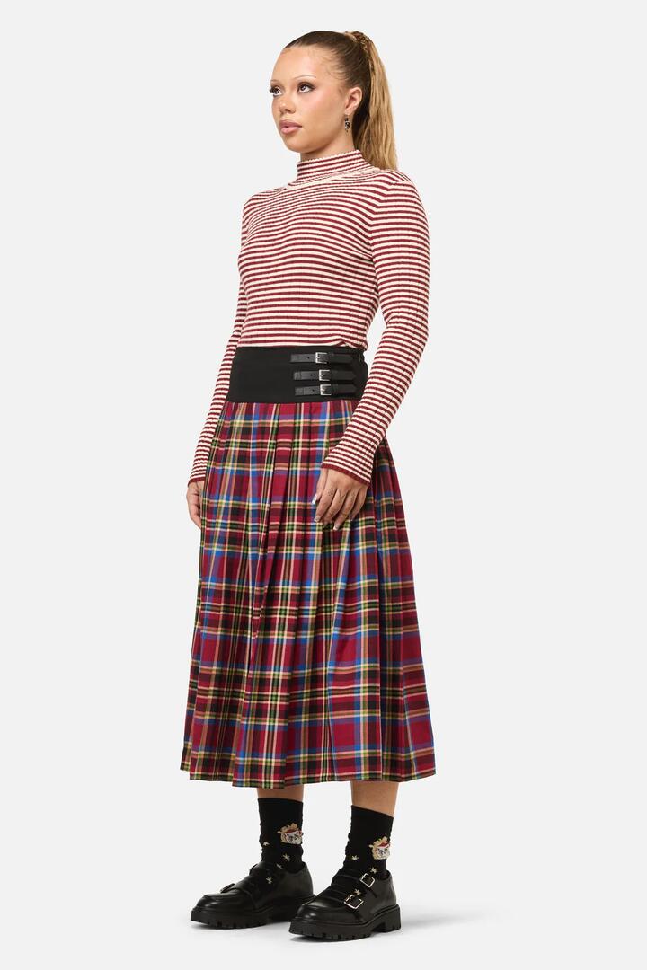 Image of a model wearing Skirts. Productname: Crowned Tartan Skirt in Red colour by brand - Dangerfield