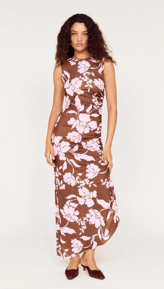 Image of Dresses. Product name - Sleeveless Pink Floral Mesh Midi Dress in Chocolate/Lilac colour by brand - MINKPINK