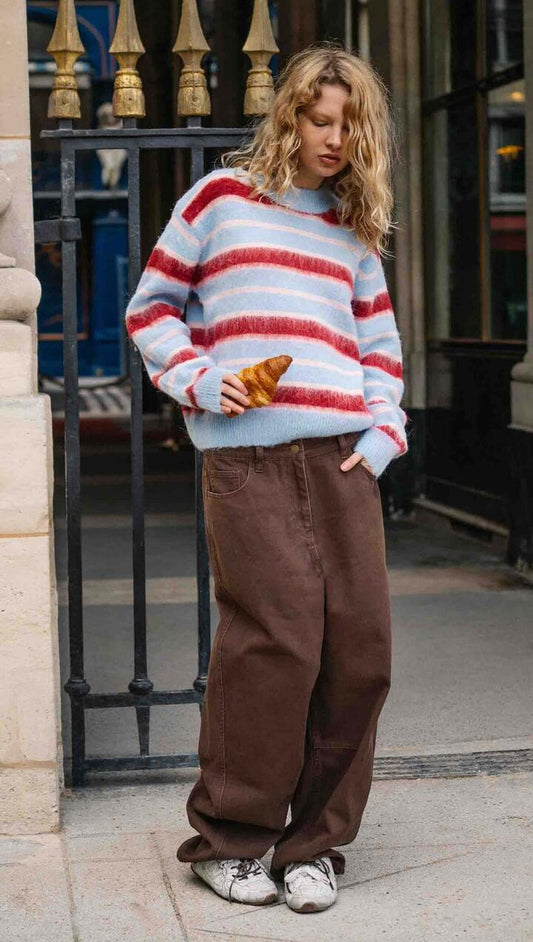 Image of a model wearing Outerwear. Product name - Peppermint Stripe Fluffy Jumper in Multi Stripe colour by brand - MINKPINK