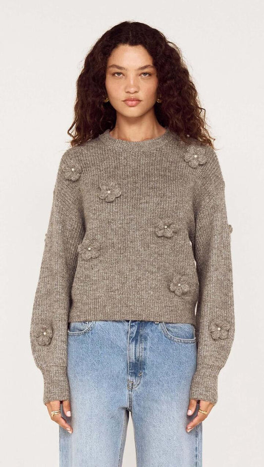 Image of a model wearing Outerwear. Product name - Round Neck Grey Floral Applique Jumper in Grey colour by brand - MINKPINK