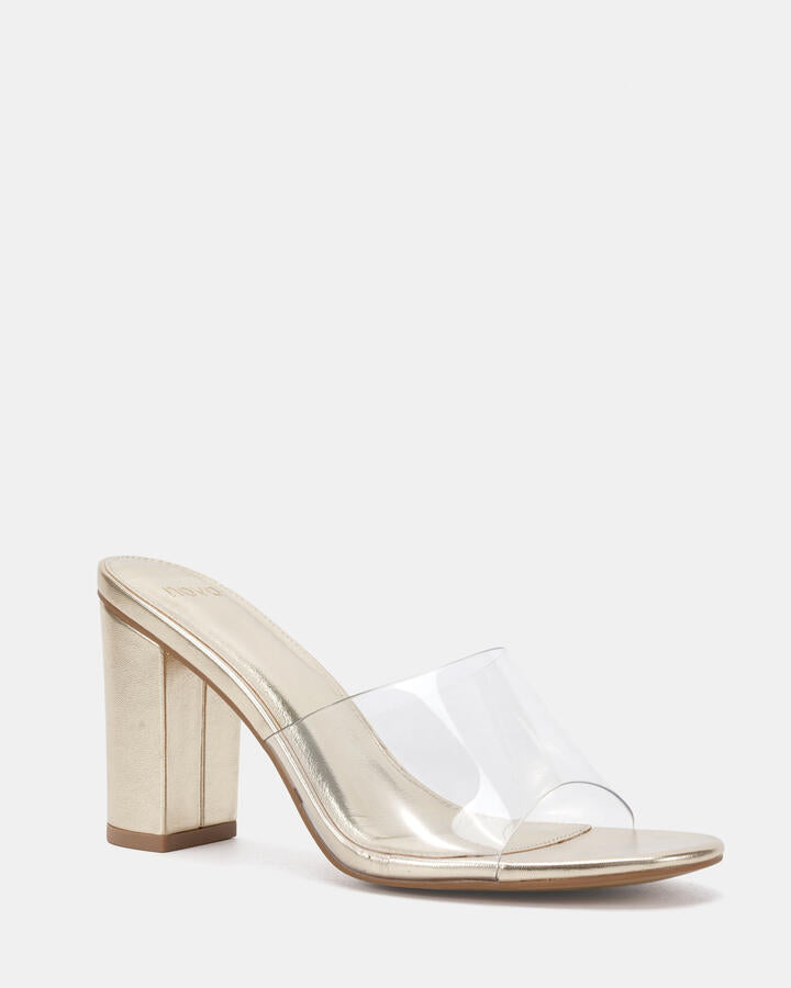 Image of Heels. Product name - Ferraz Gold Vegan Heels in Metallic colour by brand - Novo