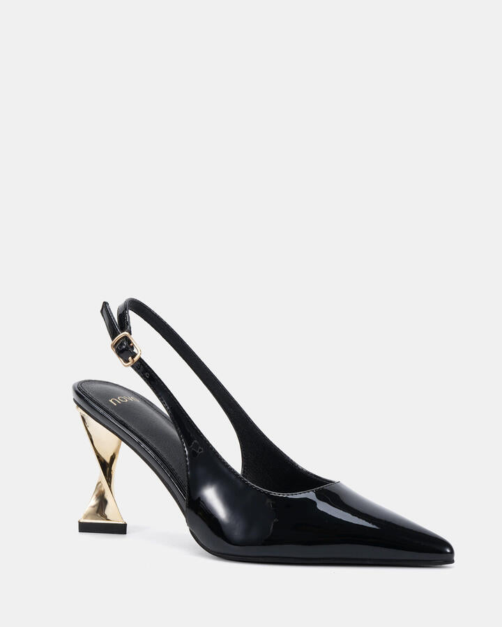 Image of Heels. Product name - Yashi Black Patent Vegan Heels in Black colour by brand - Novo