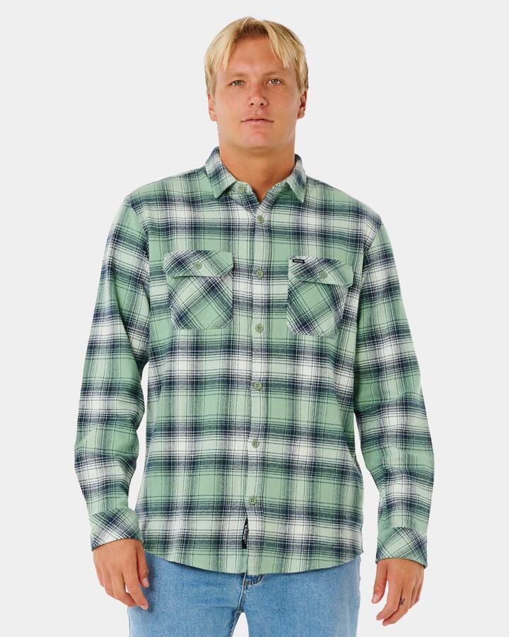 Image of a model wearing Tops. Product name - Rip Curl Mens Count Flannel Long Sleeve Shirt Aloe in Aloe colour by brand - Rip Curl