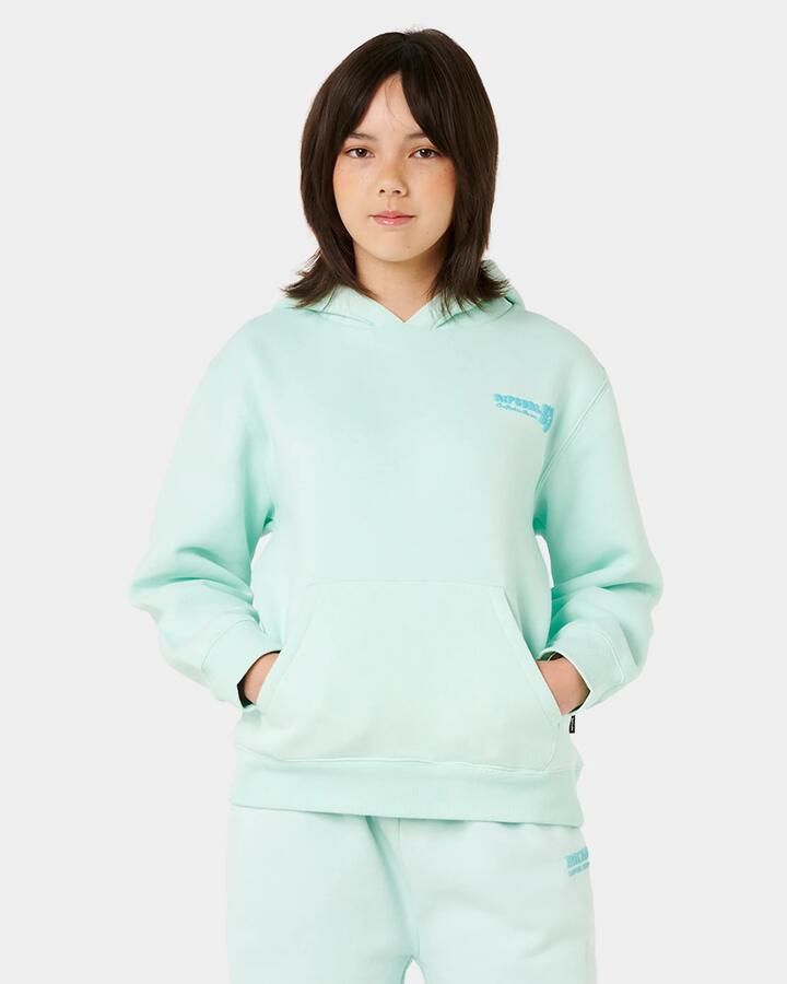Image of a model wearing Outerwear. Product name - Rip Curl Girls 8-14 Hibiscus Heat Logo Pullover Hoodie Light Sea Blue in Light Sea Blue colour by brand - Rip Curl