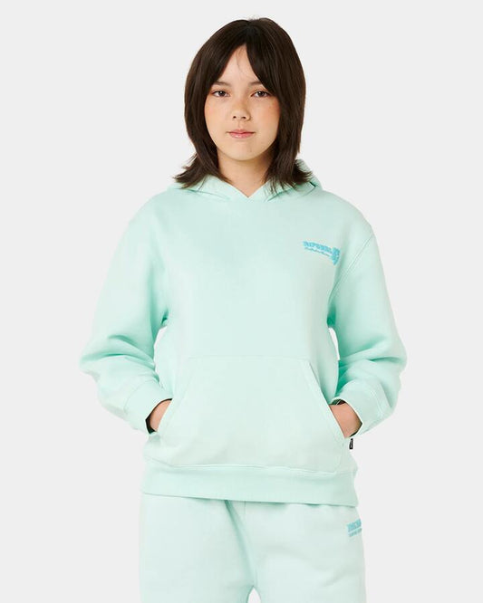 Image of a model wearing Outerwear. Product name - Rip Curl Girls 8-14 Hibiscus Heat Logo Pullover Hoodie Light Sea Blue in Light Sea Blue colour by brand - Rip Curl