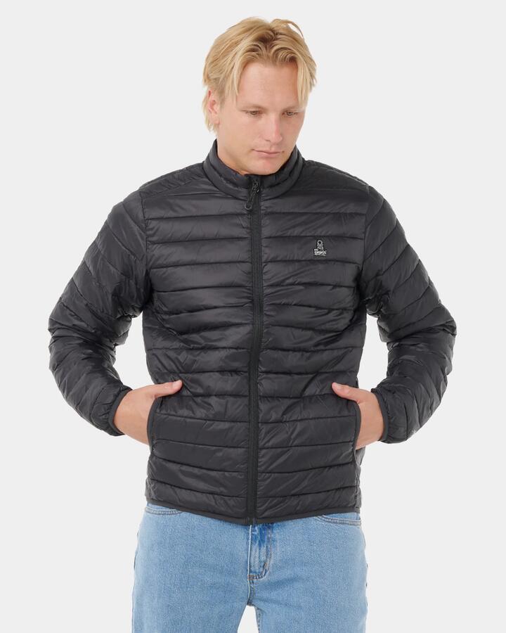Image of a model wearing Outerwear. Product name - Rip Curl Mens Anti Series Search Puffer Jacket Black in Black colour by brand - Rip Curl