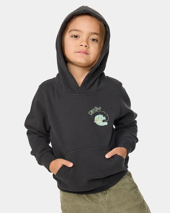 Image of a model wearing Outerwear. Product name - Rip Curl Boys 2-7 Ride The Wave Art Pullover Hoodie Washed Black in Washed Black colour by brand - Rip Curl