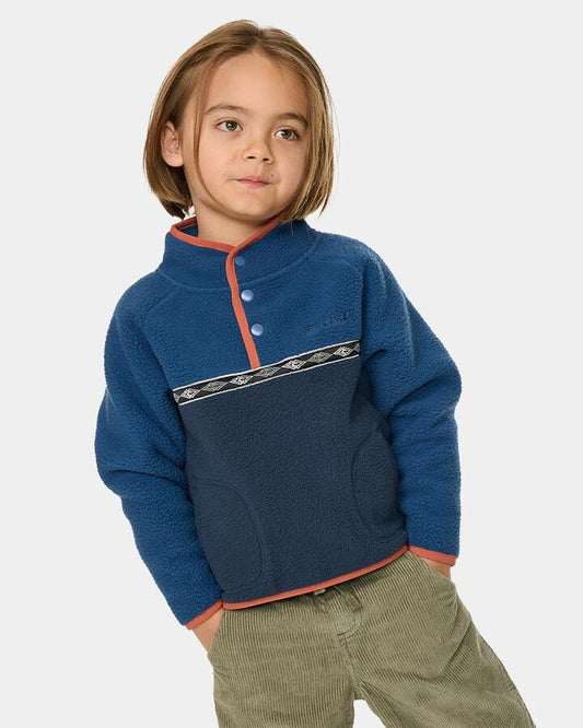 Image of a model wearing Outerwear. Product name - Rip Curl Boys 2-7 Heritage Polar Fleece Jumper Light Navy in Light Navy colour by brand - Rip Curl