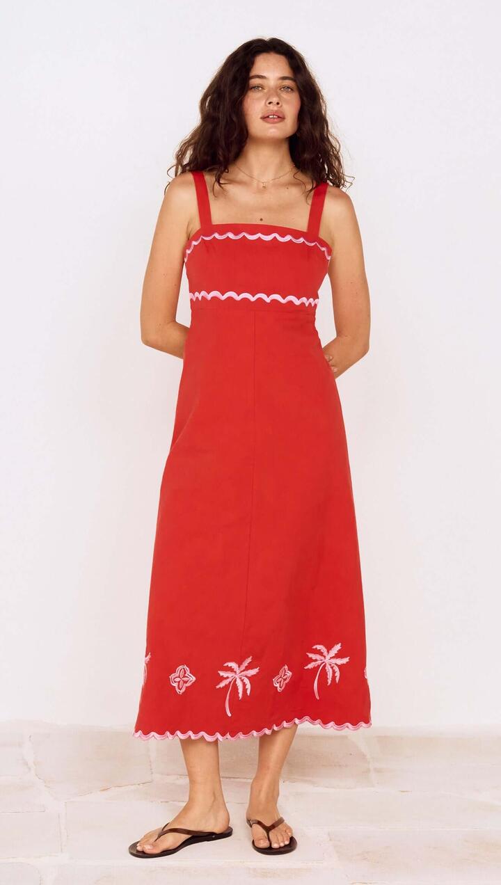 Image of Dresses. Product name - Red and Pink Embroidery Detail Midi Dress in Coral/Pink colour by brand - MINKPINK