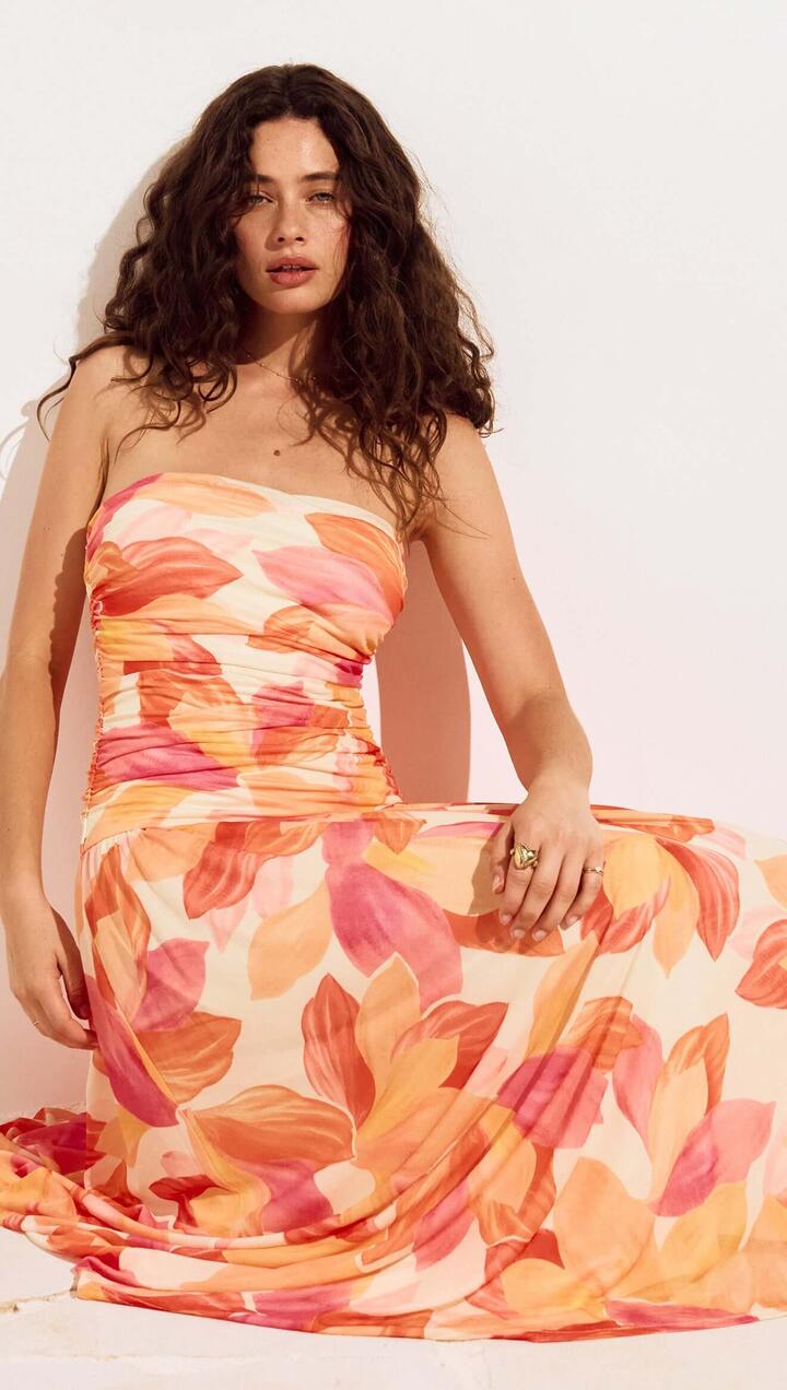 Image of Dresses. Product name - Sunset Print Sleeveless Mesh Midi Dress in Abstract Leaf colour by brand - MINKPINK