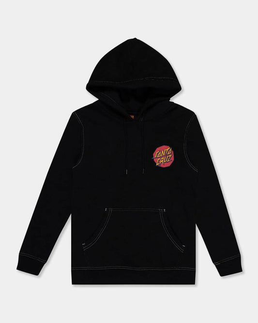 Image of a model wearing Outerwear. Product name - Santa Cruz Boys 8-16 Meek Scratched Slasher Pullover Hoodie Black in Black colour by brand - Santa Cruz