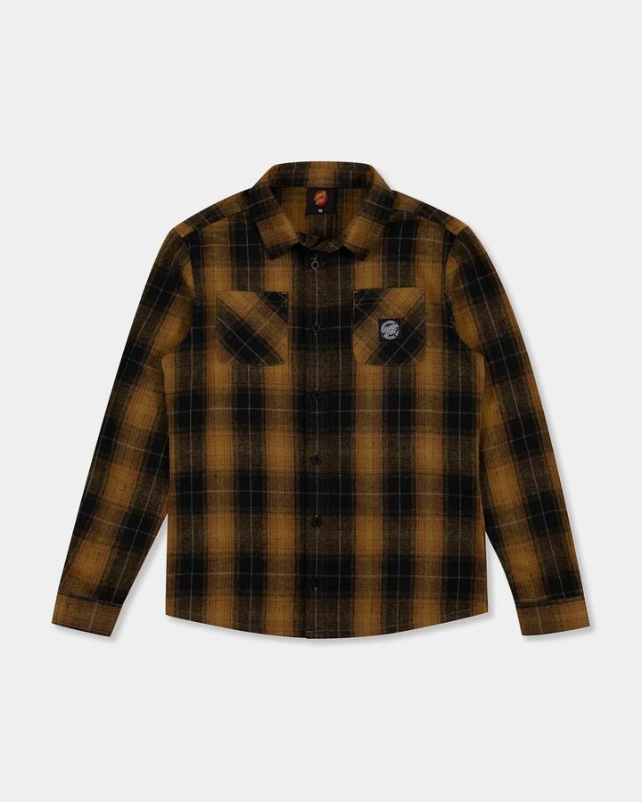 Image of a model wearing Tops. Product name - Santa Cruz Boys 8-16 Mfg Axle Plaid Long Sleeve Shirt Ginger in Ginger colour by brand - Santa Cruz