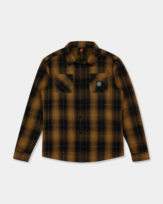 Image of a model wearing Tops. Product name - Santa Cruz Boys 8-16 Mfg Axle Plaid Long Sleeve Shirt Ginger in Ginger colour by brand - Santa Cruz