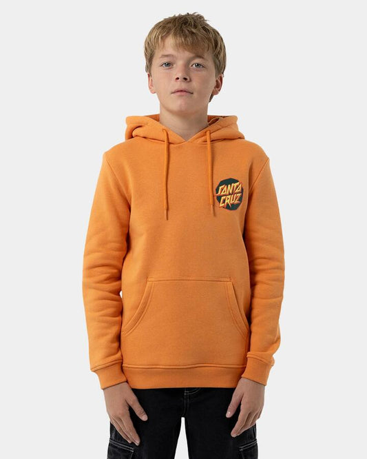 Image of a model wearing Outerwear. Product name - Santa Cruz Boys 8-16 Meek Scratched Slasher Pullover Hoodie Ginger in Ginger colour by brand - Santa Cruz
