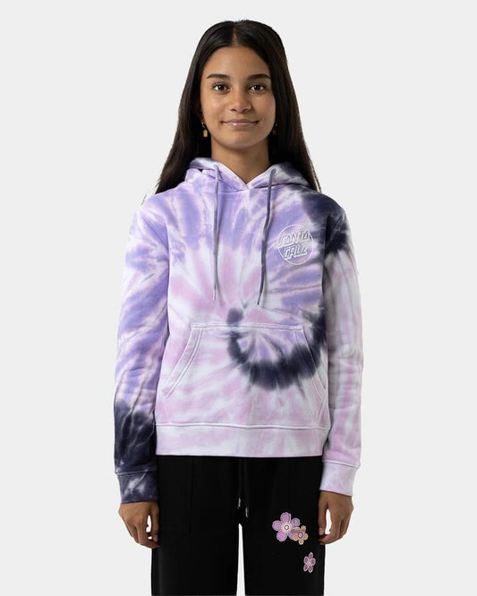 Image of a model wearing Outerwear. Product name - Santa Cruz Girls 8-16 Opus Dot Chest Pullover Hoodie Pink Tie Dye in Pink Tie Dye colour by brand - Santa Cruz