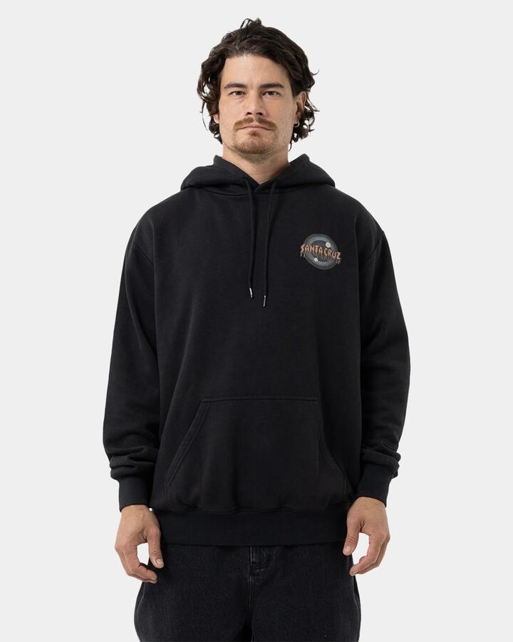 Image of a model wearing Outerwear. Product name - Santa Cruz Mens Roskopp Iris Pullover Hoodie Off Black in Off Black colour by brand - Santa Cruz
