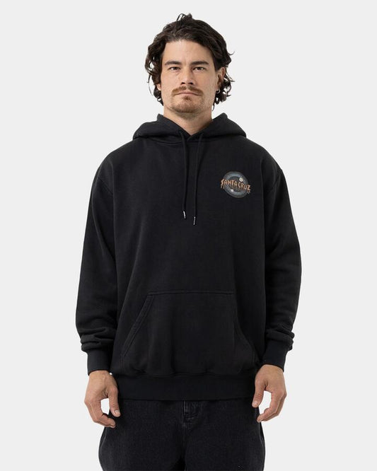 Image of a model wearing Outerwear. Product name - Santa Cruz Mens Roskopp Iris Pullover Hoodie Off Black in Off Black colour by brand - Santa Cruz