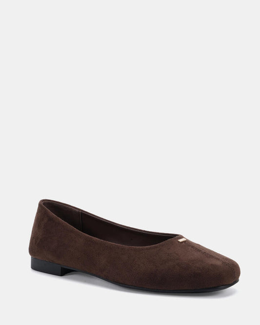 Image of Flats. Product name - Cent Espresso Suede Vegan Flats in Espresso Suede colour by brand - Novo