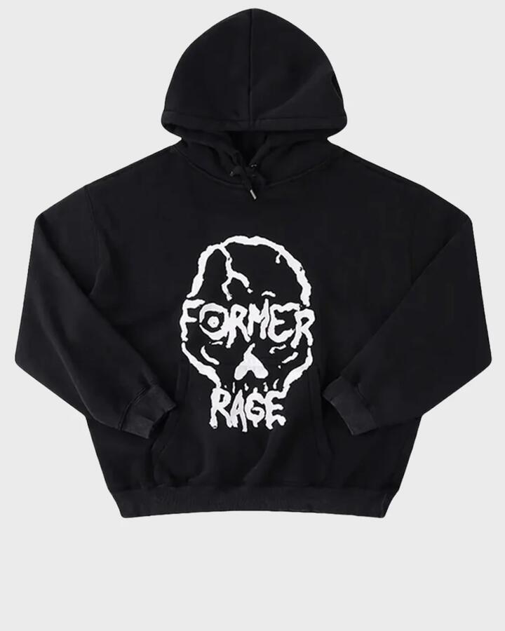 Image of a model wearing Outerwear. Product name - Former Mens Skullz Boxy Heavy Pullover Hoodie Merch Black in Merch Black colour by brand - Former