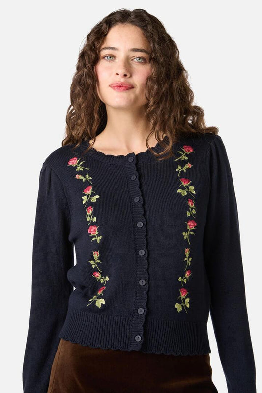 Image of Cardigans. Productname: Roses Embroidered Cardigan in Navy colour by brand - Princess Highway