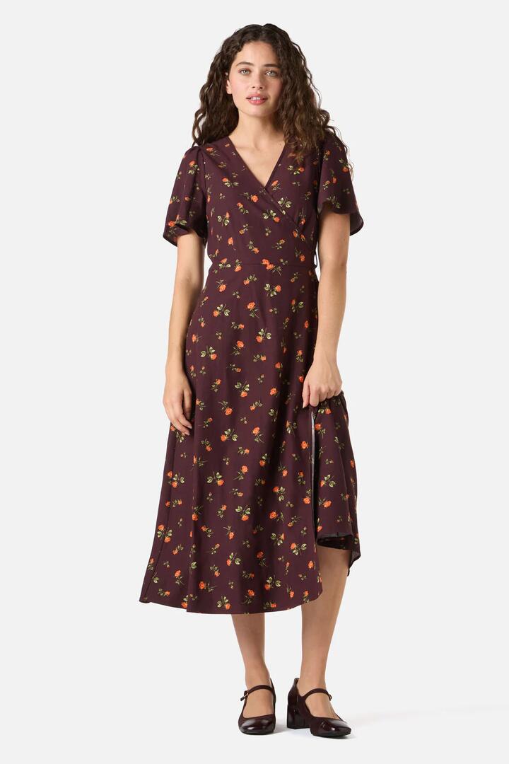 Image of Dresses. Productname: Evie Rose Midi Wrap Dress in Burgundy colour by brand - Princess Highway