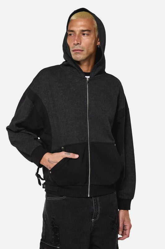 Image of a model wearing Outerwear. Productname: Goth Buckle Hoodie in Black colour by brand - Dangerfield