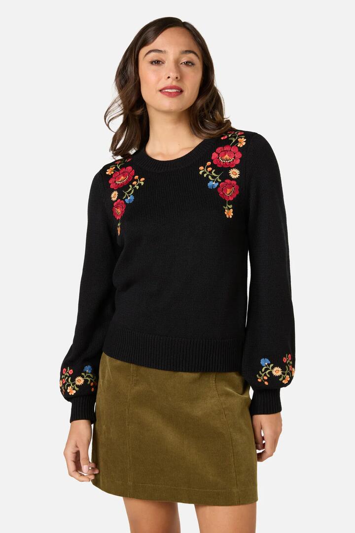 Image of a model wearing Outerwear. Productname: Joelle Embroidered Jumper in Black colour by brand - Princess Highway
