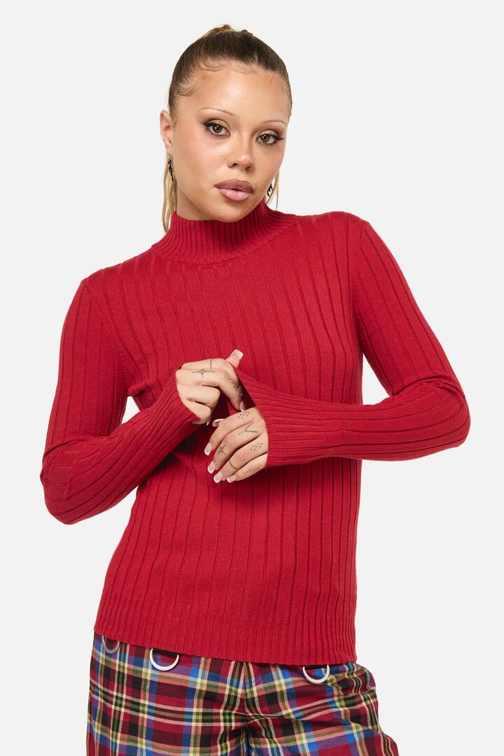 Image of a model wearing Tops. Productname: Crowned Knit Top in Red colour by brand - Dangerfield